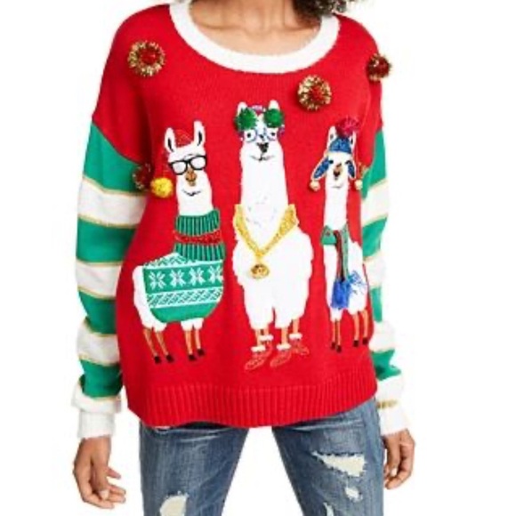 Red Christmas Crew Neck Sweater with Whimsical Llamas - Picture 1 of 6